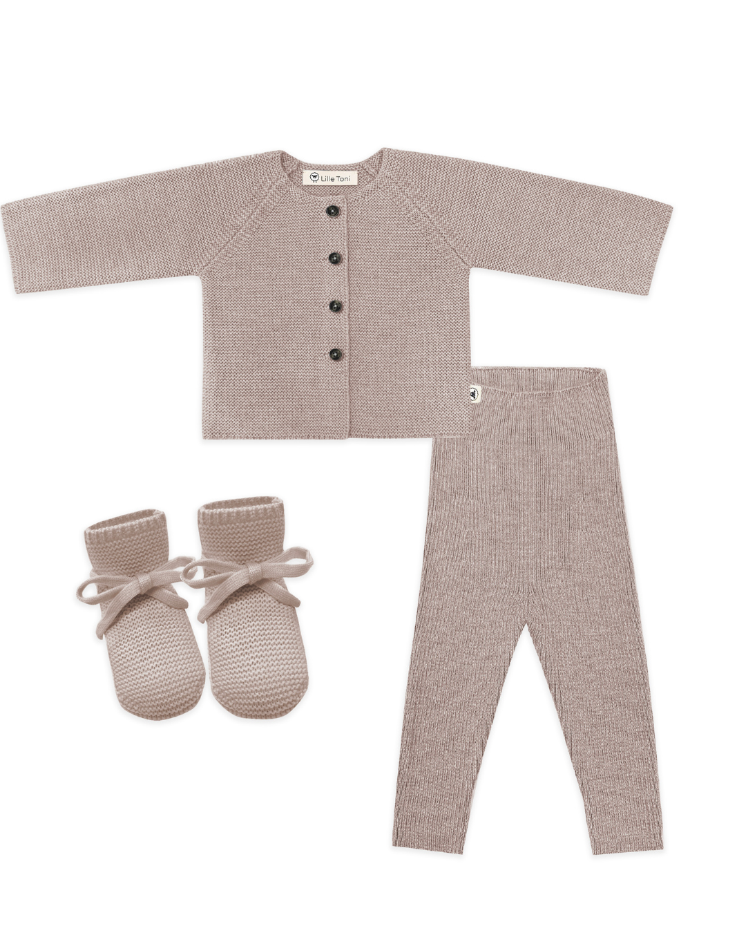 Baby Erstausstattung Set in camel melange, Cardigan, Leggings, Schuhe gratis Geschenkkarton