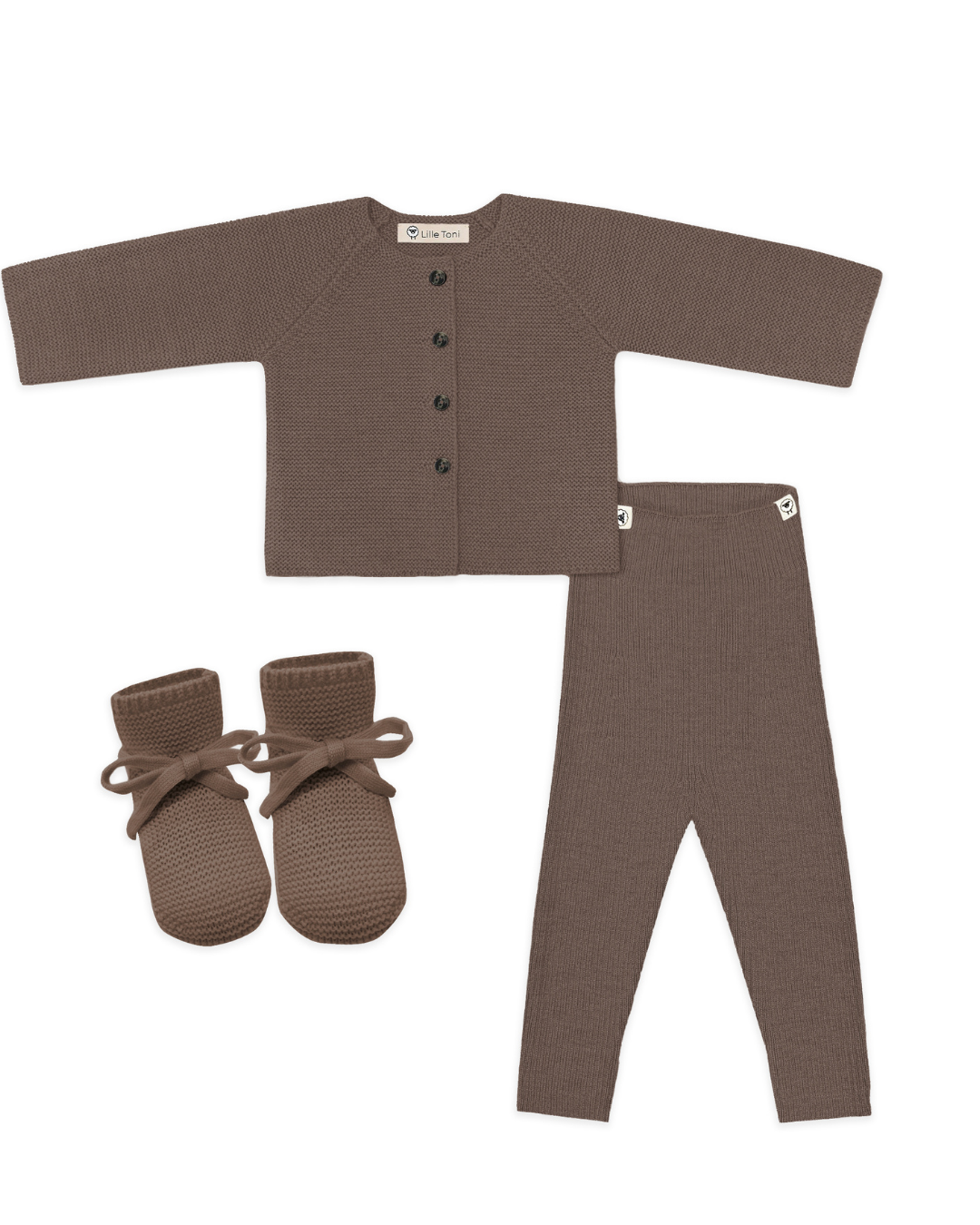 Baby Erstausstattung Set in toffee, Cardigan, Leggings, Schuhe gratis Geschenkkarton