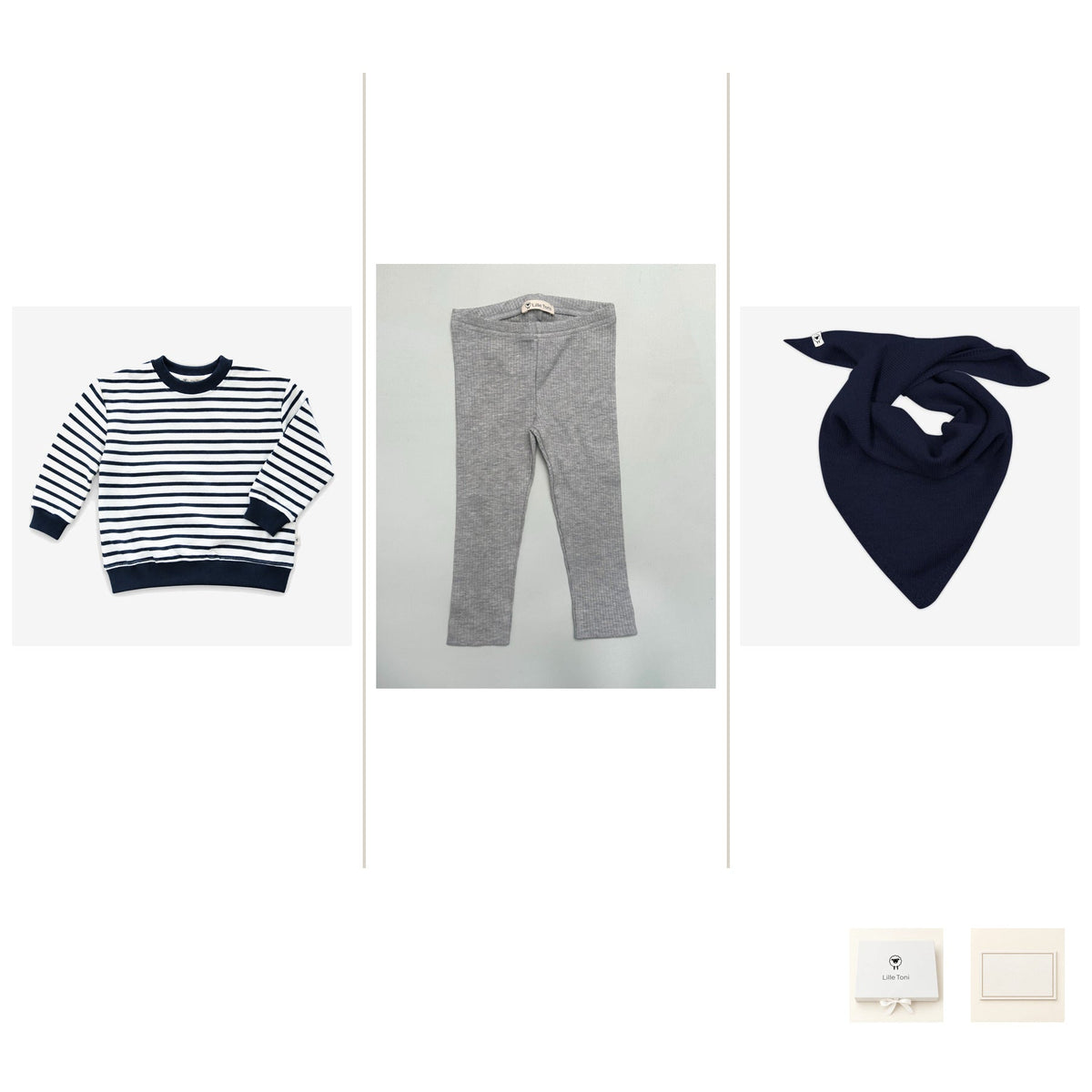 Geschenkset aus Sweatshirt Caspar, Leggings Vinni und Dreieckstuch Elise – drei Originalansichten